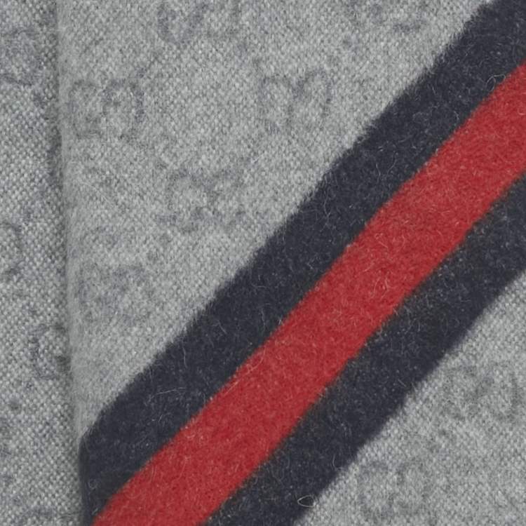 Gucci Grey GG Supreme Monogram Jacquard Wool Fringed Scarf