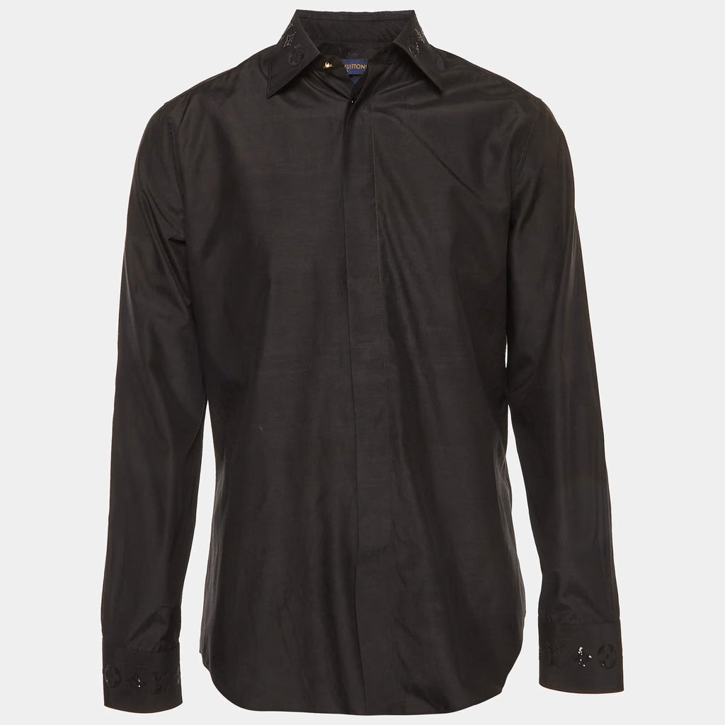 Louis Vuitton Black Logo Sequin Embroidered Poplin Long Sleeve Shirt M