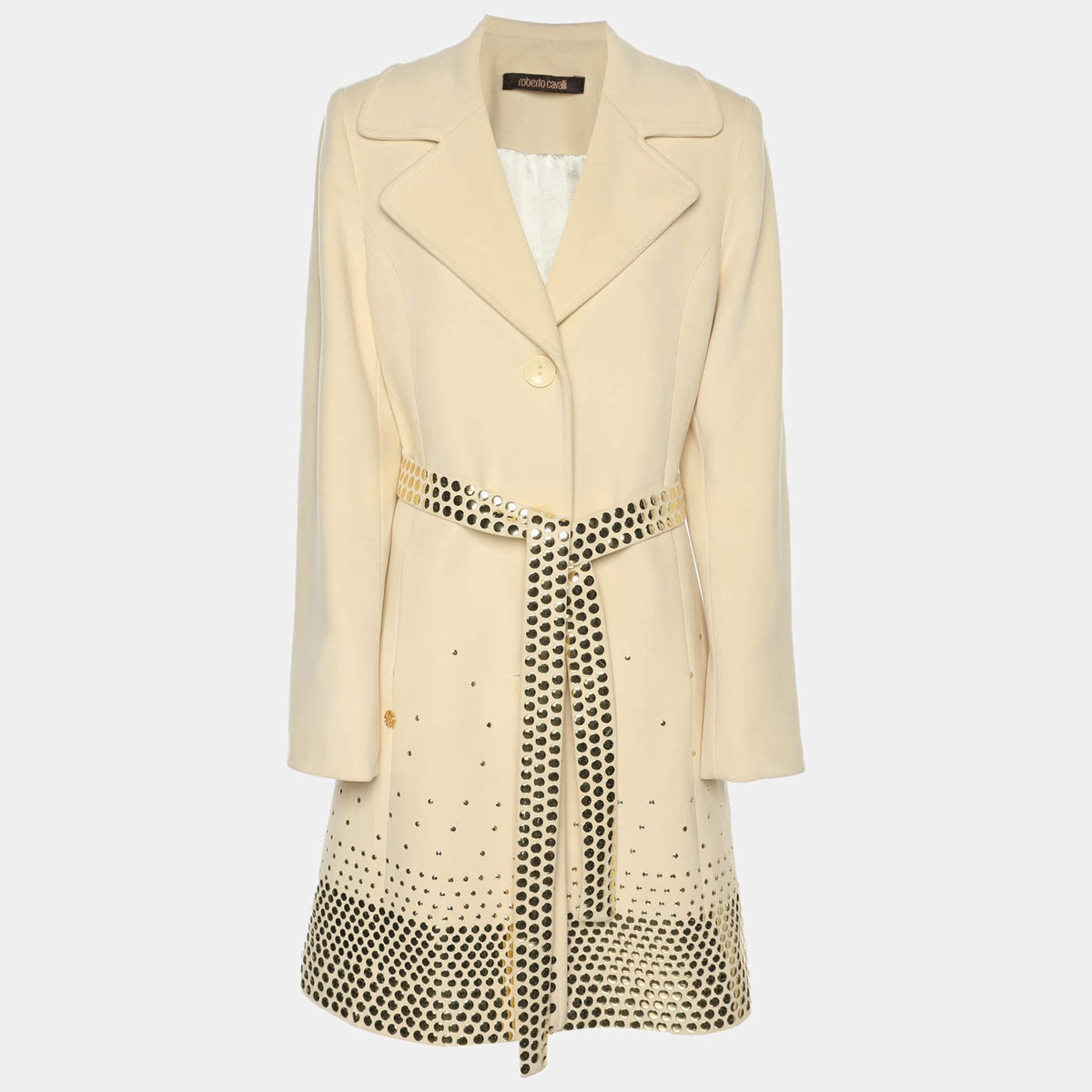 Roberto Cavalli Cream Wool Blend Belted Studded Trench Coat L