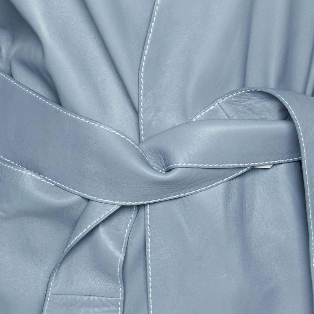 Loewe Slate Blue Leather Belted Wrap Coat M