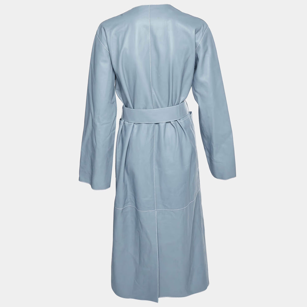 Loewe Slate Blue Leather Belted Wrap Coat M