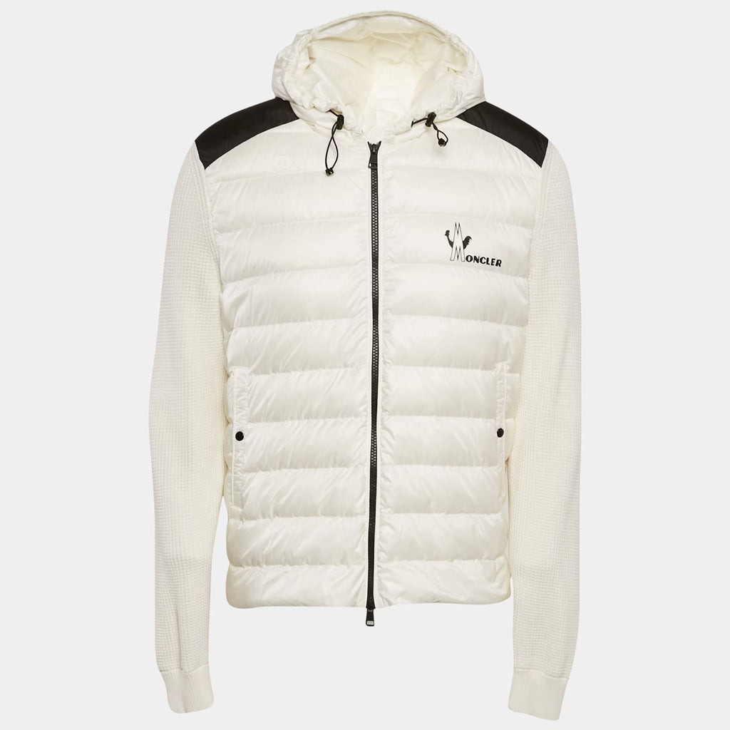 Moncler White Logo Print Cotton Knit and Quilted Nylon Down Jacket L