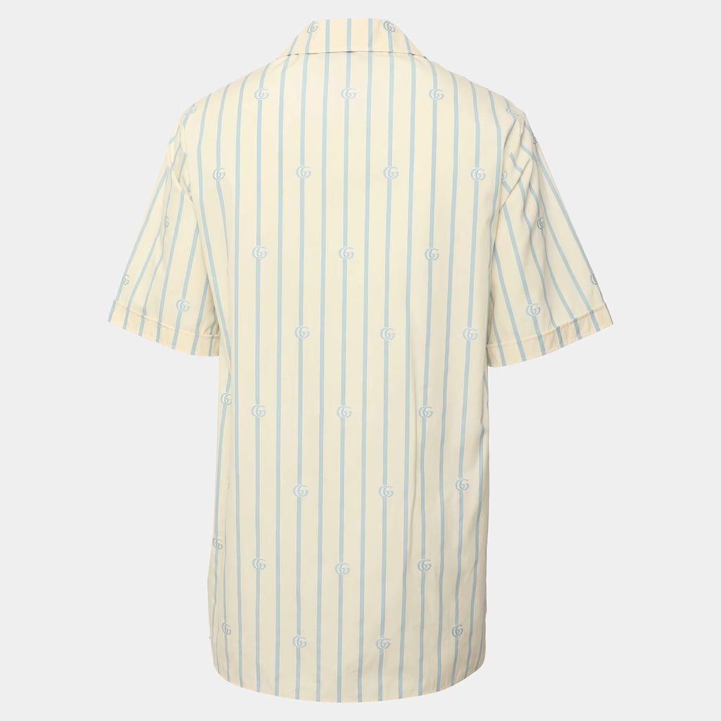 Gucci Light Beige Blue Stripe Poplin Short Sleeve Shirt XXL