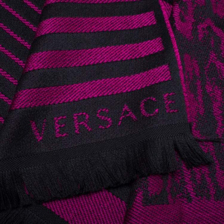 Versace Purple Striped Medusa Patterned Wool Scarf