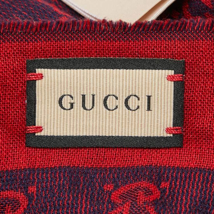 Gucci Red/Blue GG Jacquard Reversible Cotton Fringed Shawl