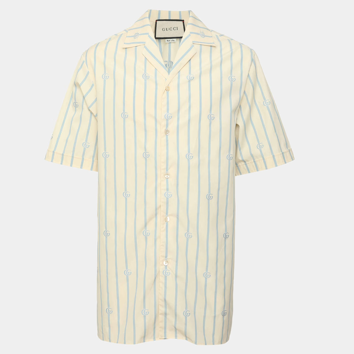 Gucci Light Beige Blue Stripe Poplin Short Sleeve Shirt XXL