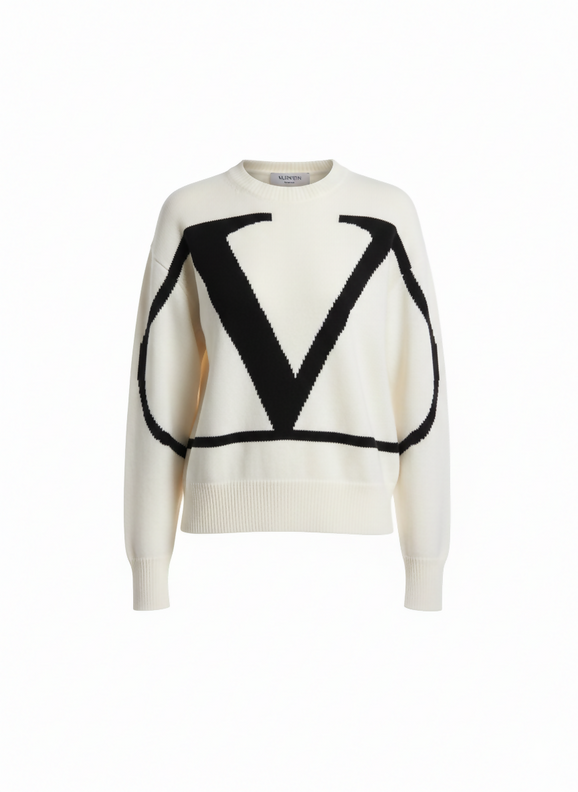 VALENTINO Pre Owned VLogo Intarsia Crewneck Sweater - Off-White/Black Size XL