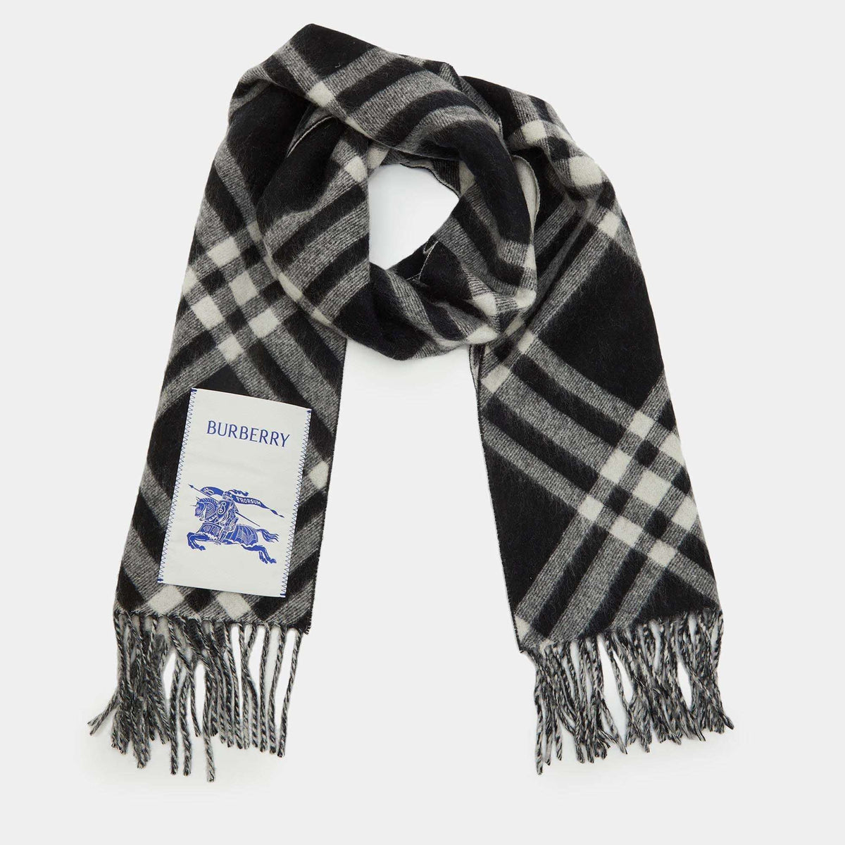 Burberry Monochrome Bias Check Cashmere Fringe Scarf