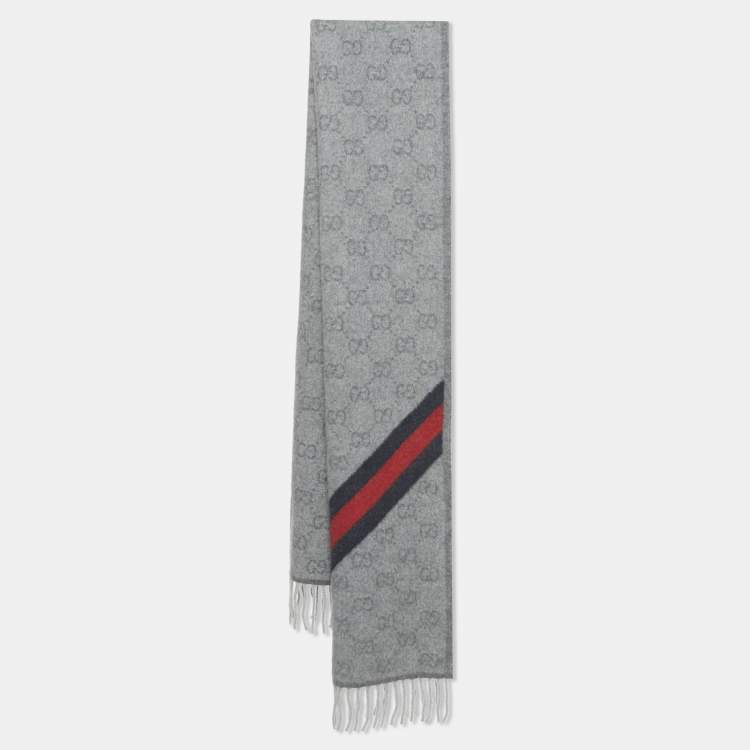 Gucci Grey GG Supreme Monogram Jacquard Wool Fringed Scarf