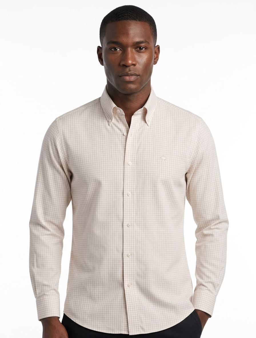 Brooks Brothers Gingham Check Button-Down Sport Shirt - Beige/White Pre-Owned