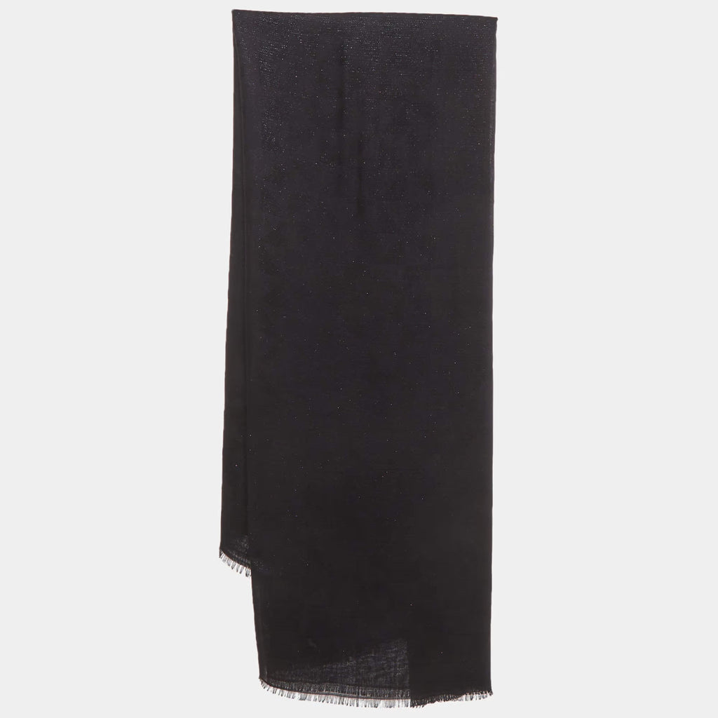 Prada Black Logo Geometric Jacquard Knit Wool and Silk Fringe Scarf