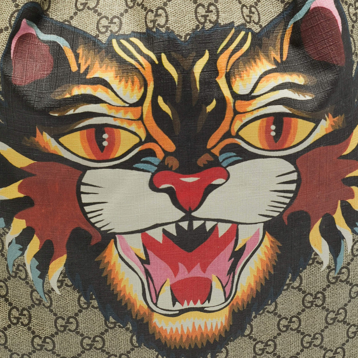Gucci Angry Cat Beige/Black GG Supreme Canvas and Fabric Drawstring Backpacks