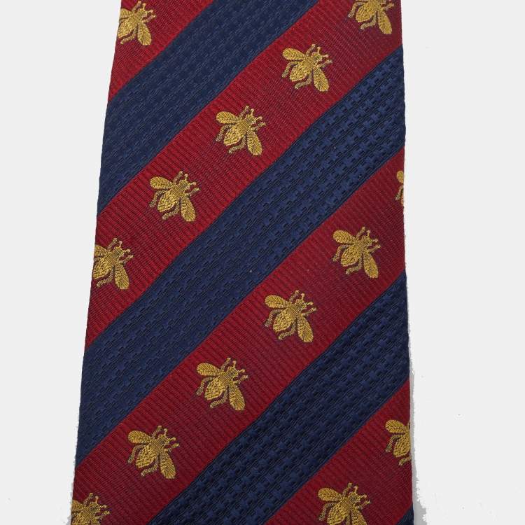 Gucci Red/Blue Striped Bee and Web Silk Jacquard Classic Tie