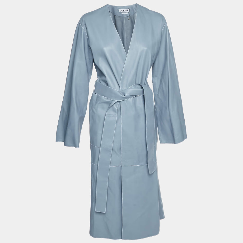 Loewe Slate Blue Leather Belted Wrap Coat M