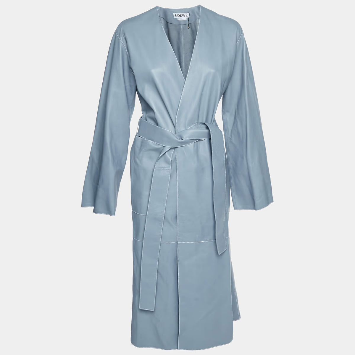Loewe Slate Blue Leather Belted Wrap Coat M