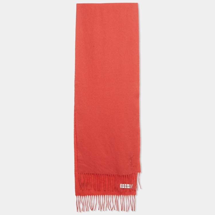 Yves Saint Laurent Peach Red Wool Fringed Muffler