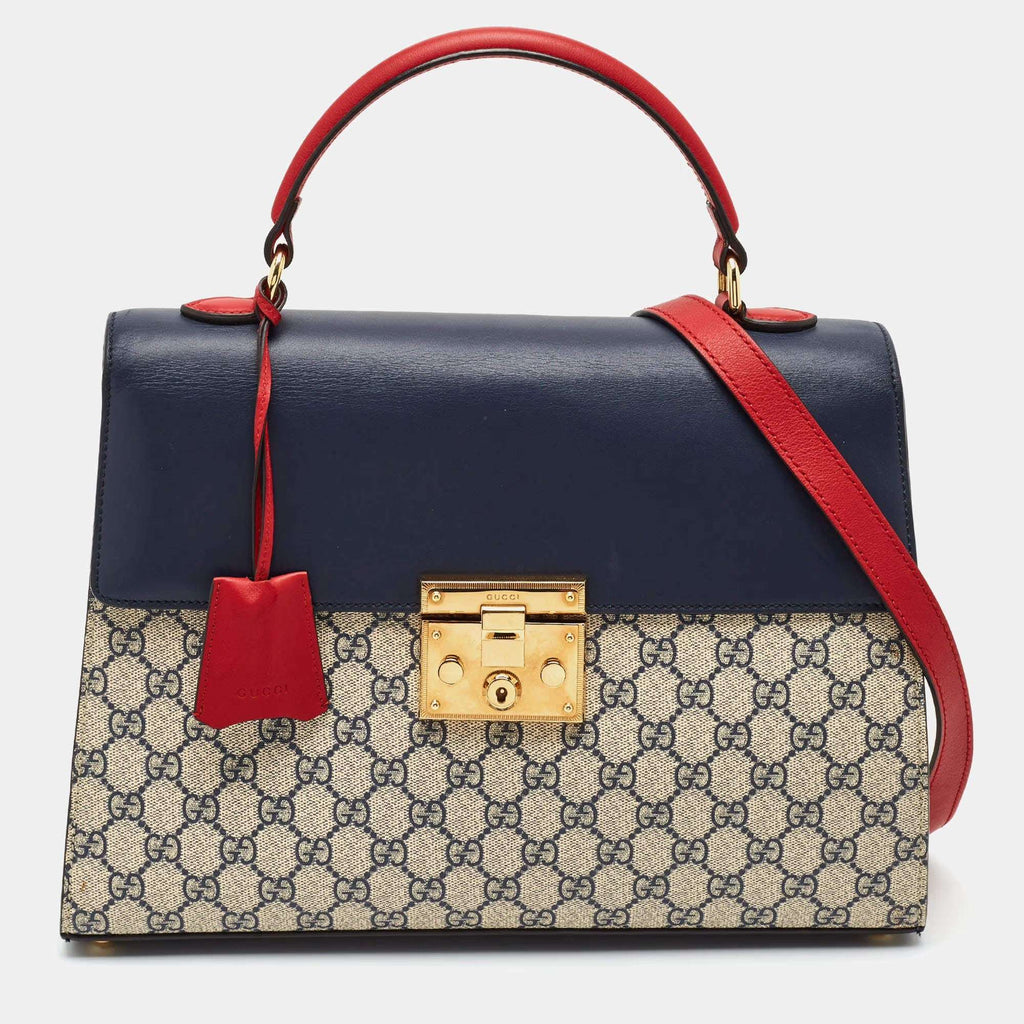 Gucci Padlock Medium Navy Blue/Red GG Supreme Canvas and Leather Top Handle Bag