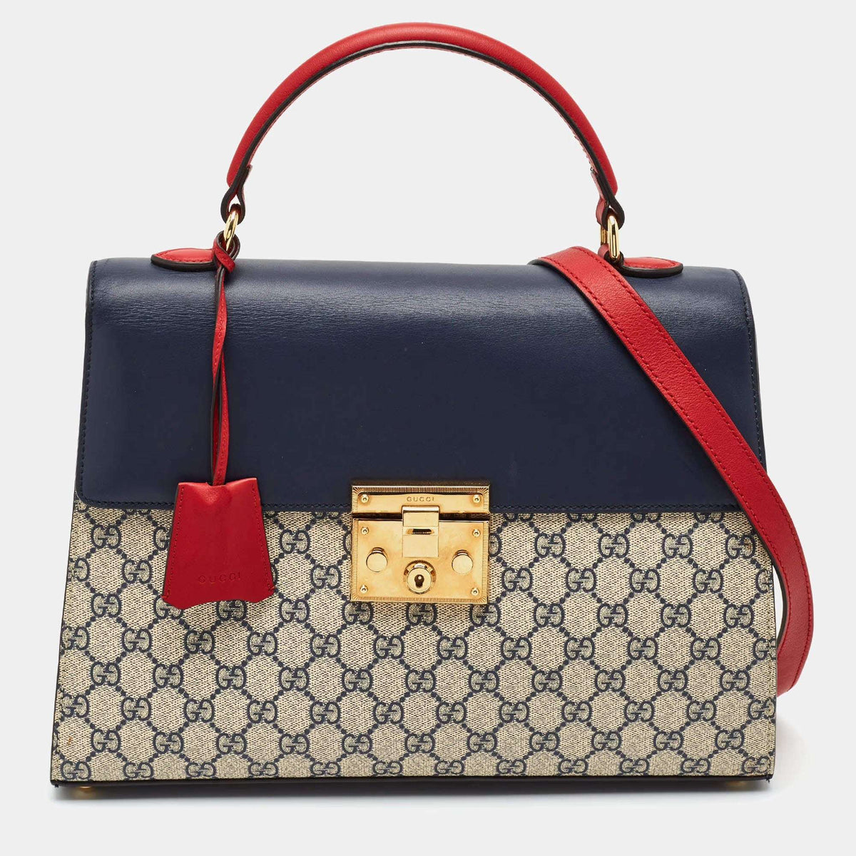 Gucci Padlock Medium Navy Blue/Red GG Supreme Canvas and Leather Top Handle Bag