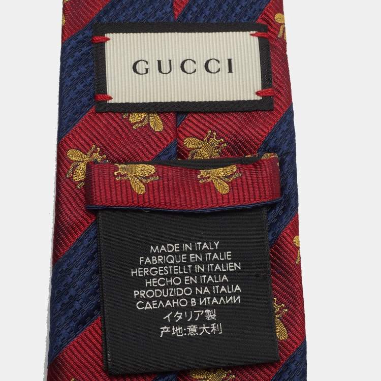 Gucci Red/Blue Striped Bee and Web Silk Jacquard Classic Tie