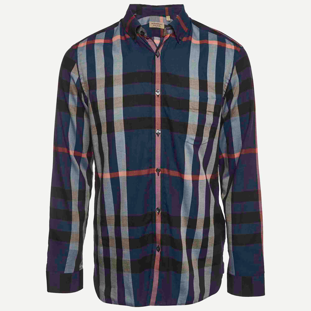 Burberry Blue Checked Cotton Button Up Shirt L