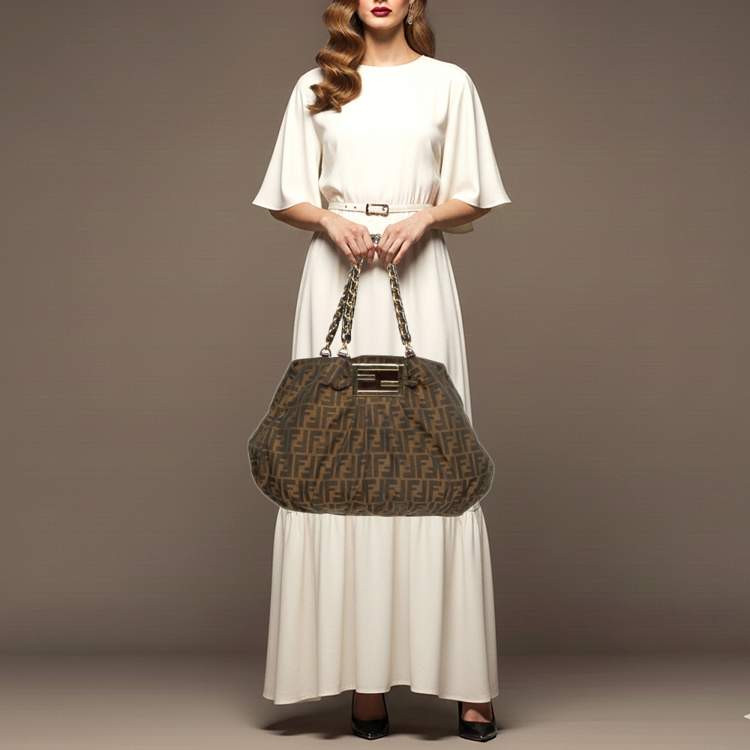 Fendi Mia Large Tobacco Zucca Canvas and Patent Leather Hobo Bag