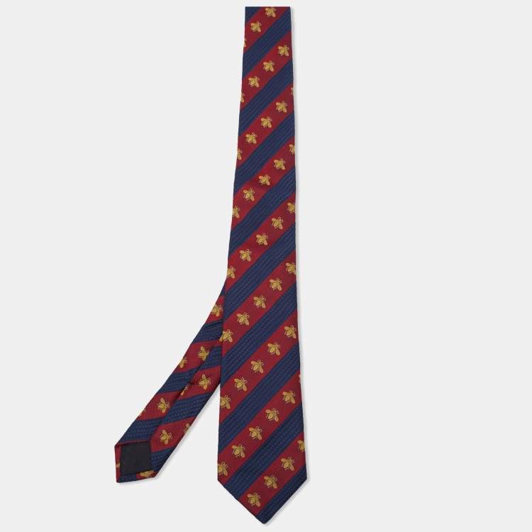 Gucci Red/Blue Striped Bee and Web Silk Jacquard Classic Tie