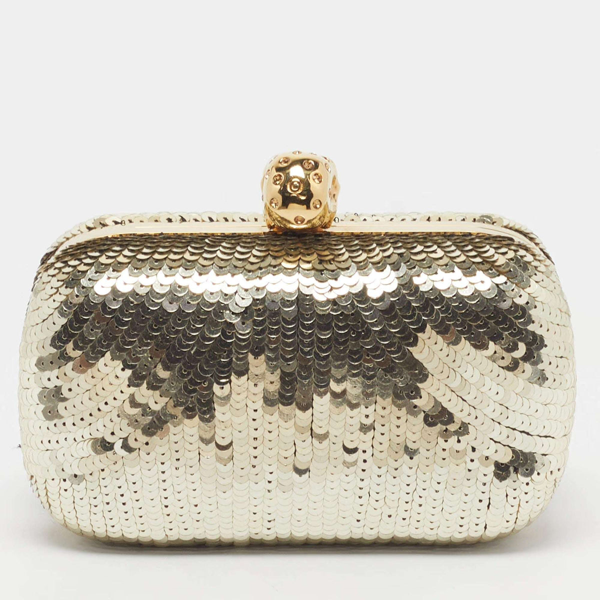 Alexander McQueen Skull Crystal Gold Sequin Box Clutch