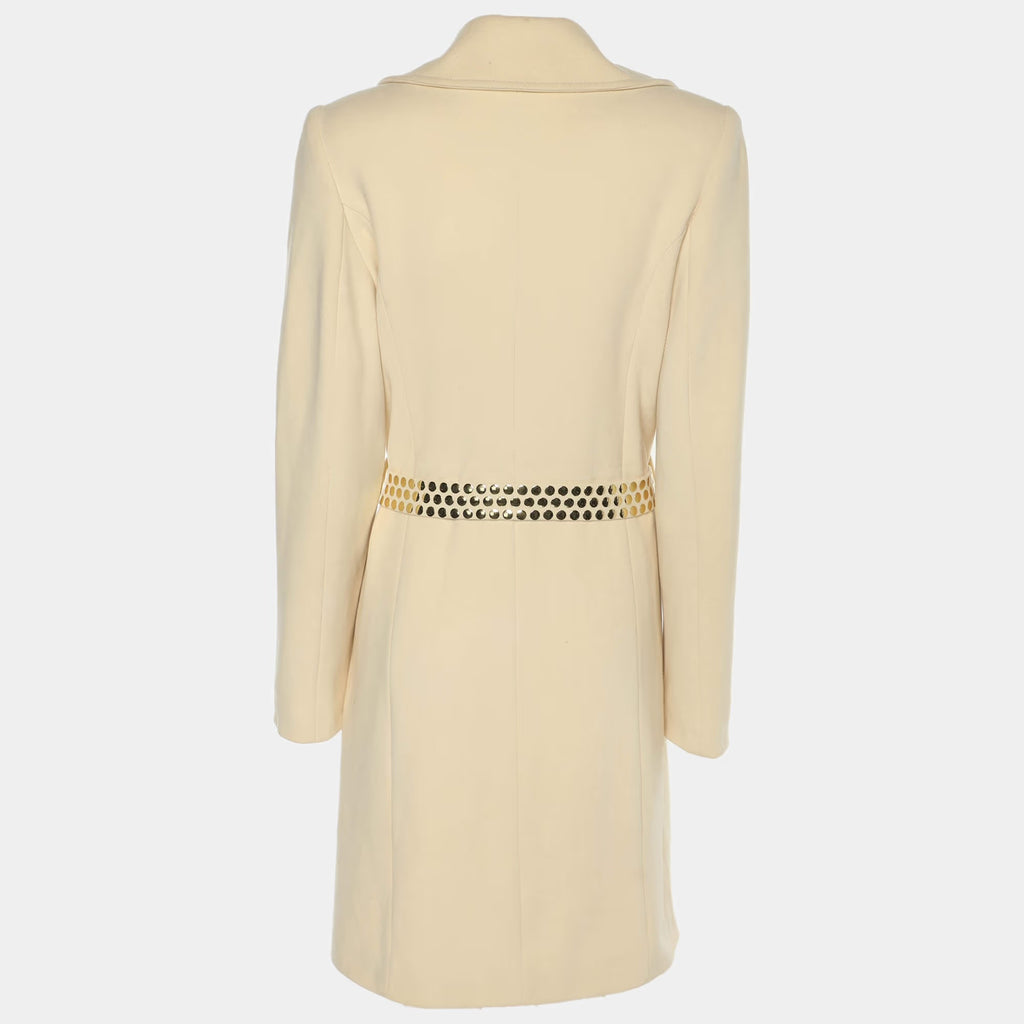 Roberto Cavalli Cream Wool Blend Belted Studded Trench Coat L