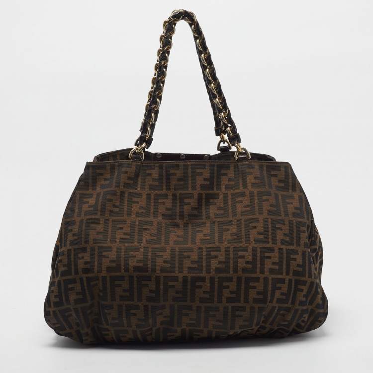 Fendi Mia Large Tobacco Zucca Canvas and Patent Leather Hobo Bag