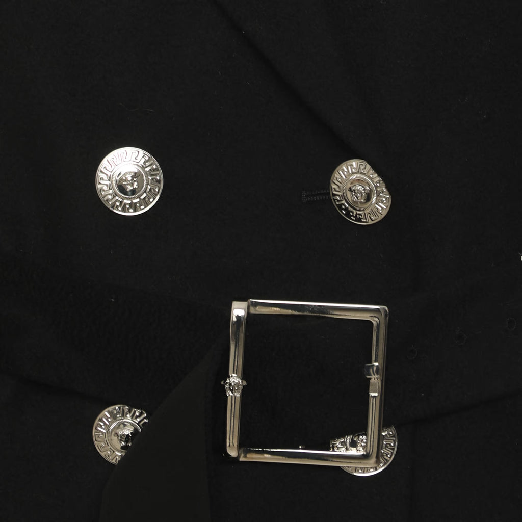 Versace Black Wool Blend Double Breasted Belted Overcoat L