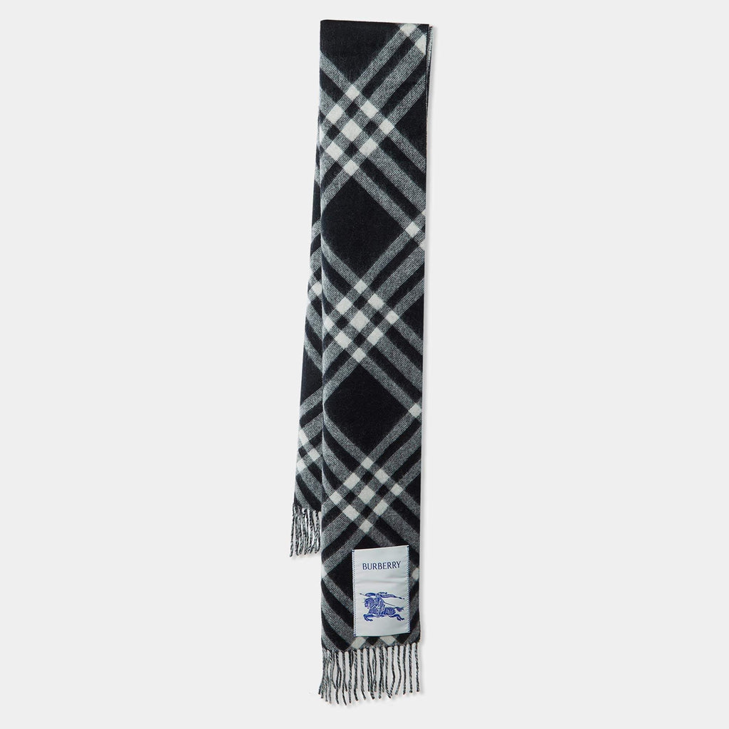 Burberry Monochrome Bias Check Cashmere Fringe Scarf