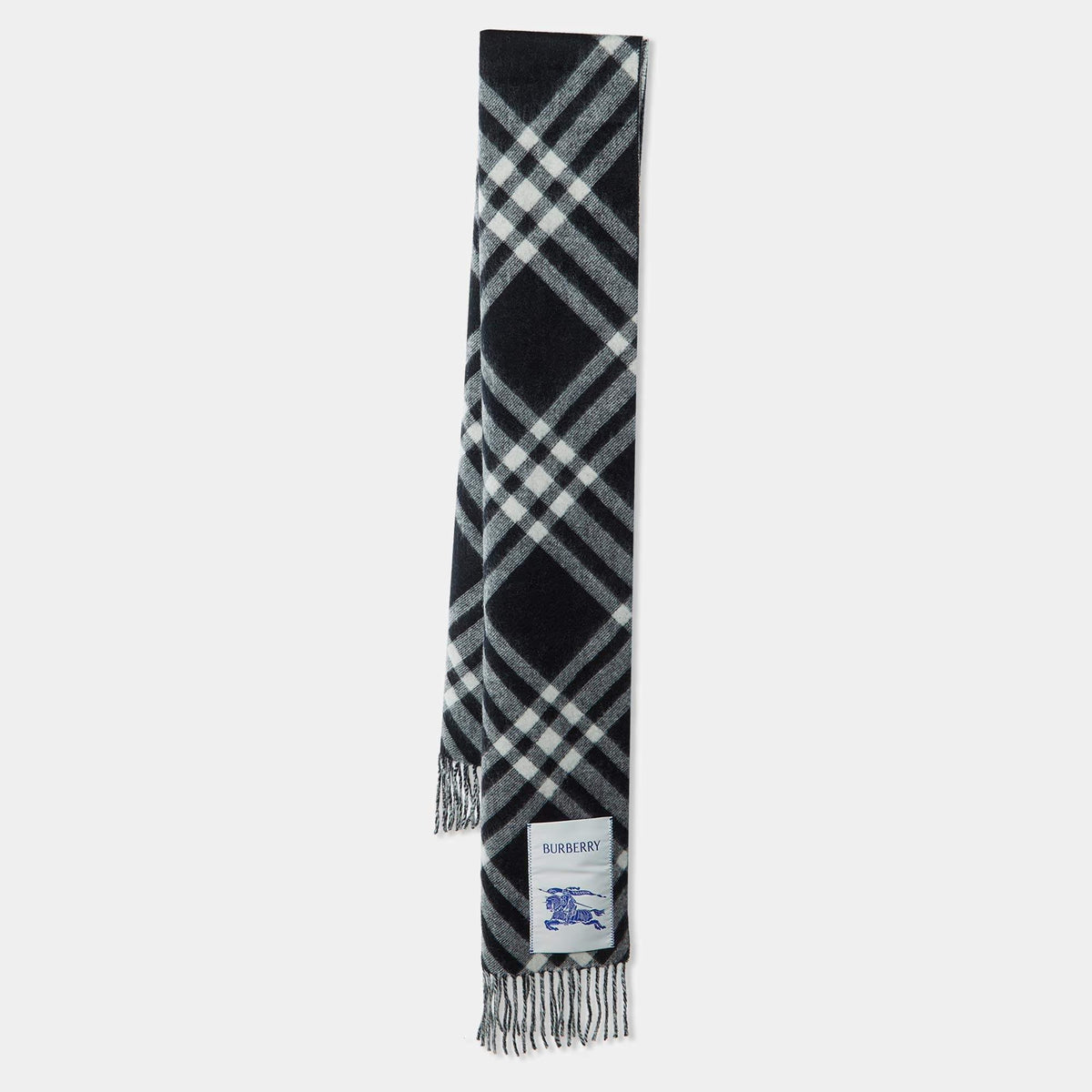 Burberry Monochrome Bias Check Cashmere Fringe Scarf