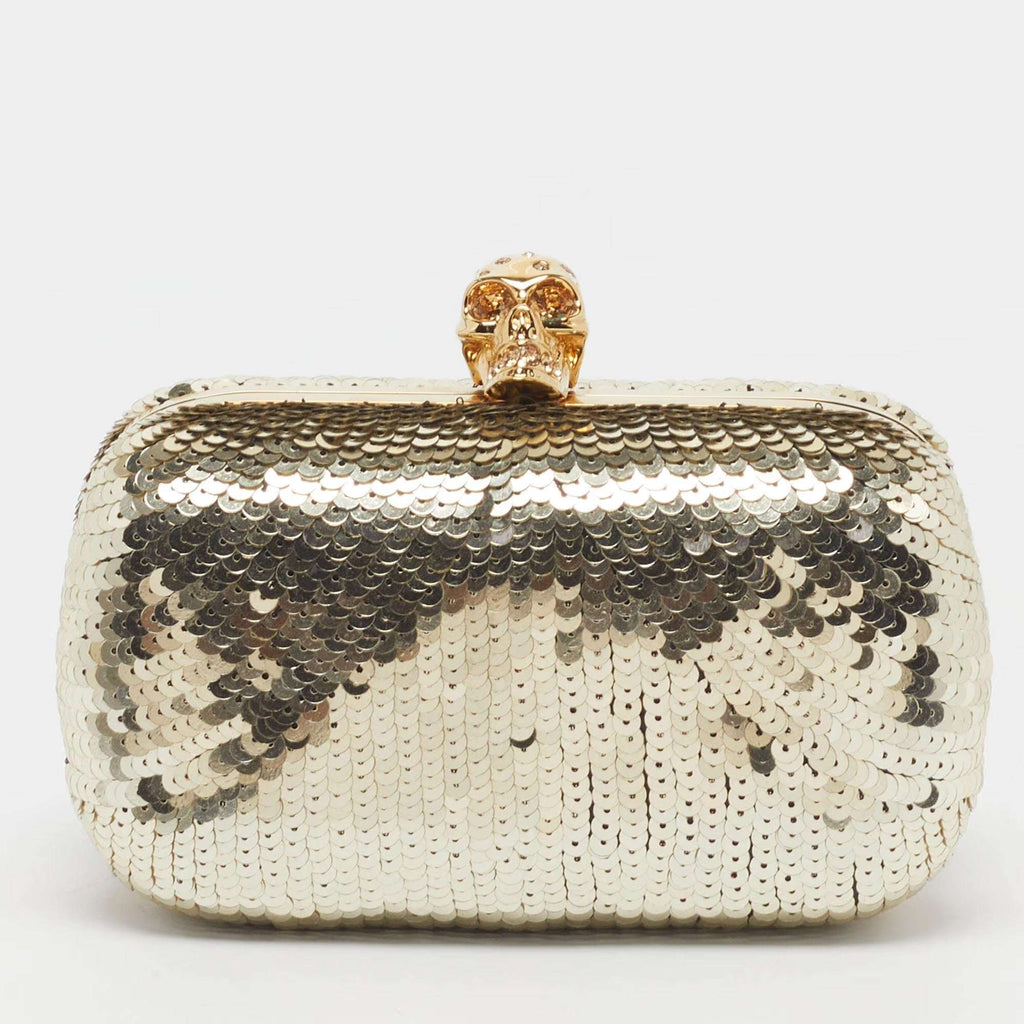 Alexander McQueen Skull Crystal Gold Sequin Box Clutch