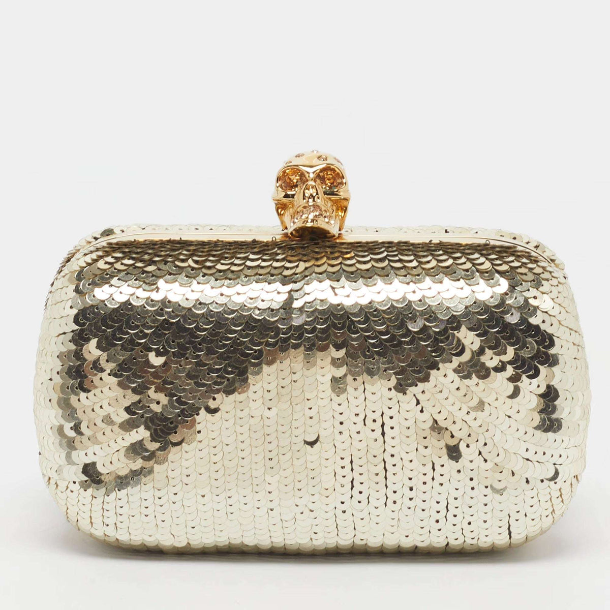 Alexander McQueen Skull Crystal Gold Sequin Box Clutch