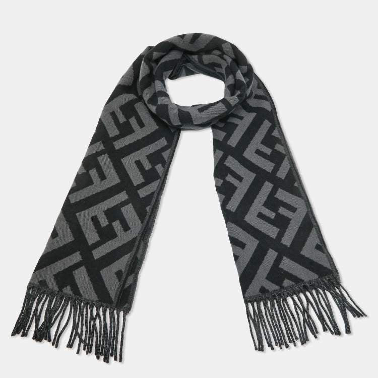 Fendi Grey/Black Zucca Patterned Wool Blend Fringed Scarf
