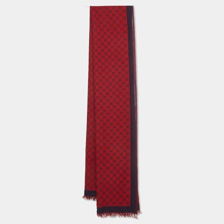 Gucci Red/Blue GG Jacquard Reversible Cotton Fringed Shawl