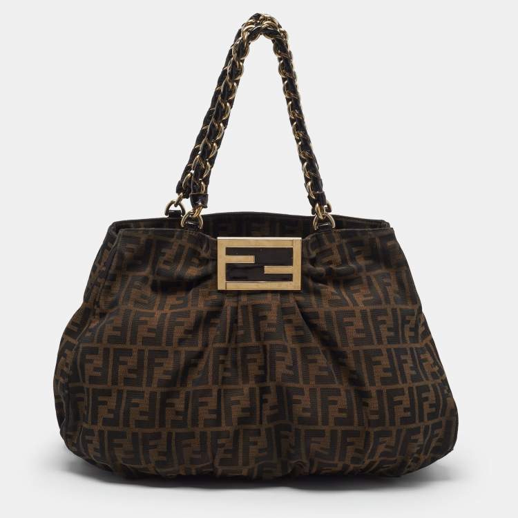 Fendi Mia Large Tobacco Zucca Canvas and Patent Leather Hobo Bag