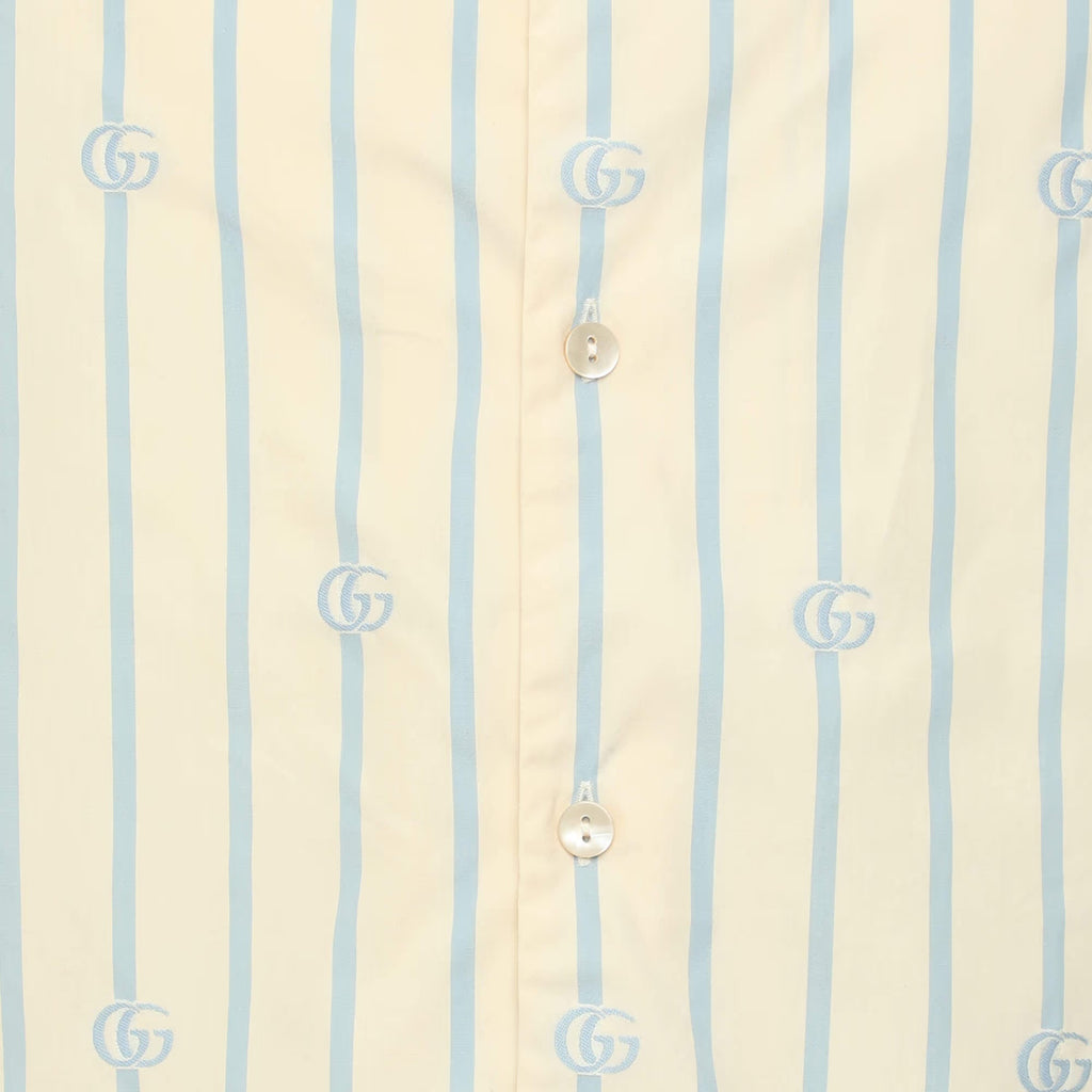 Gucci Light Beige Blue Stripe Poplin Short Sleeve Shirt XXL