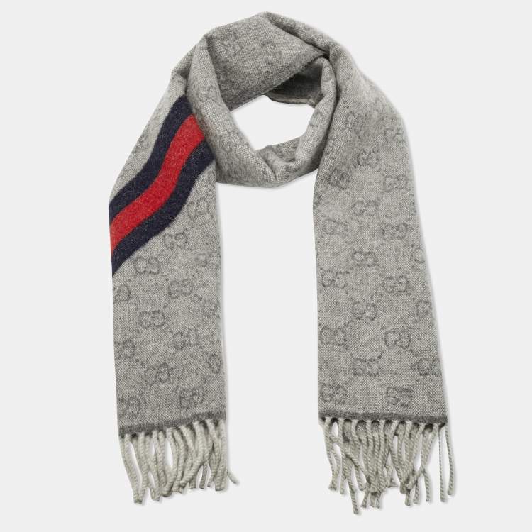 Gucci Grey GG Supreme Monogram Jacquard Wool Fringed Scarf