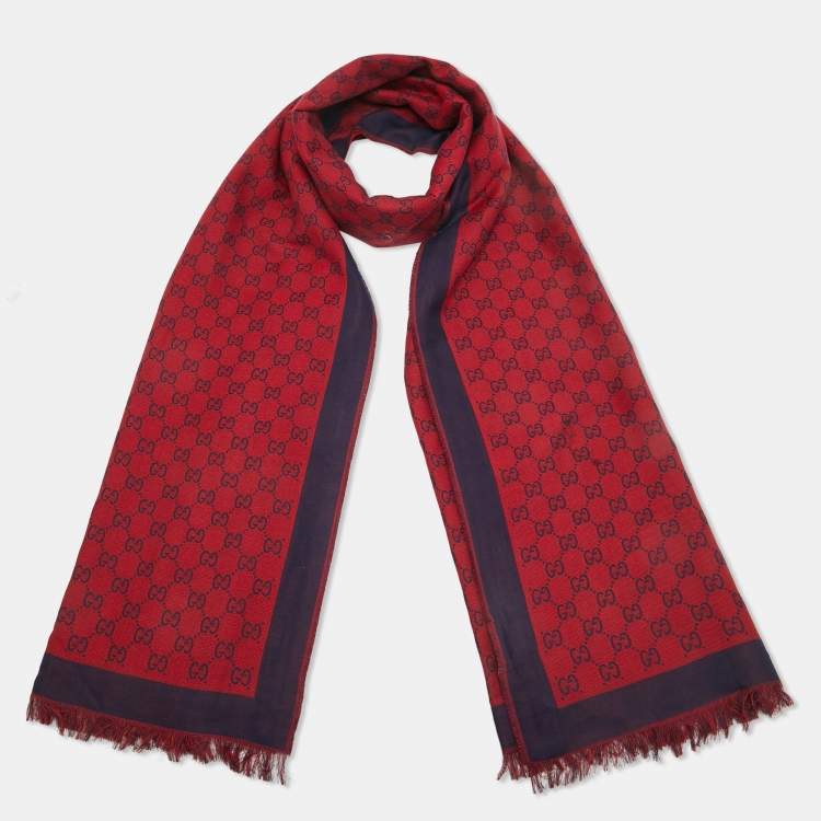 Gucci Red/Blue GG Jacquard Reversible Cotton Fringed Shawl