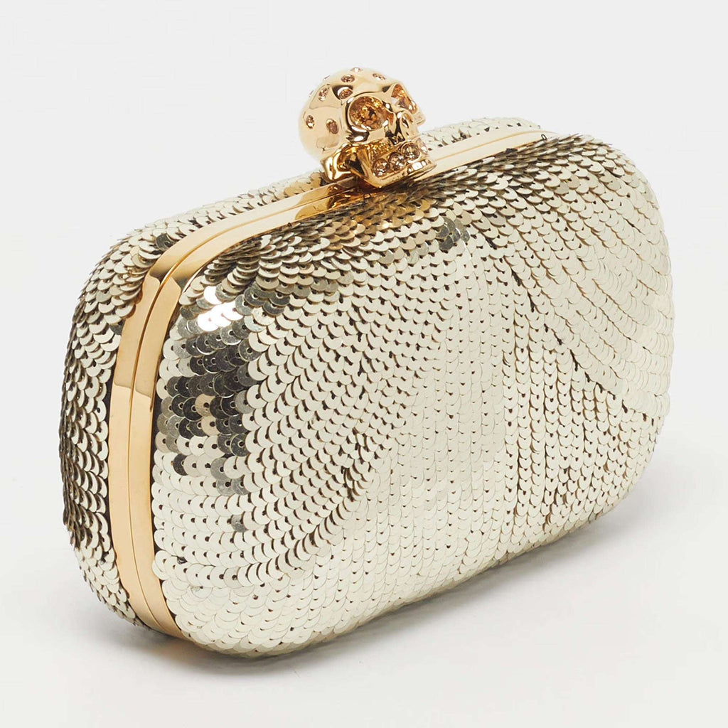 Alexander McQueen Skull Crystal Gold Sequin Box Clutch