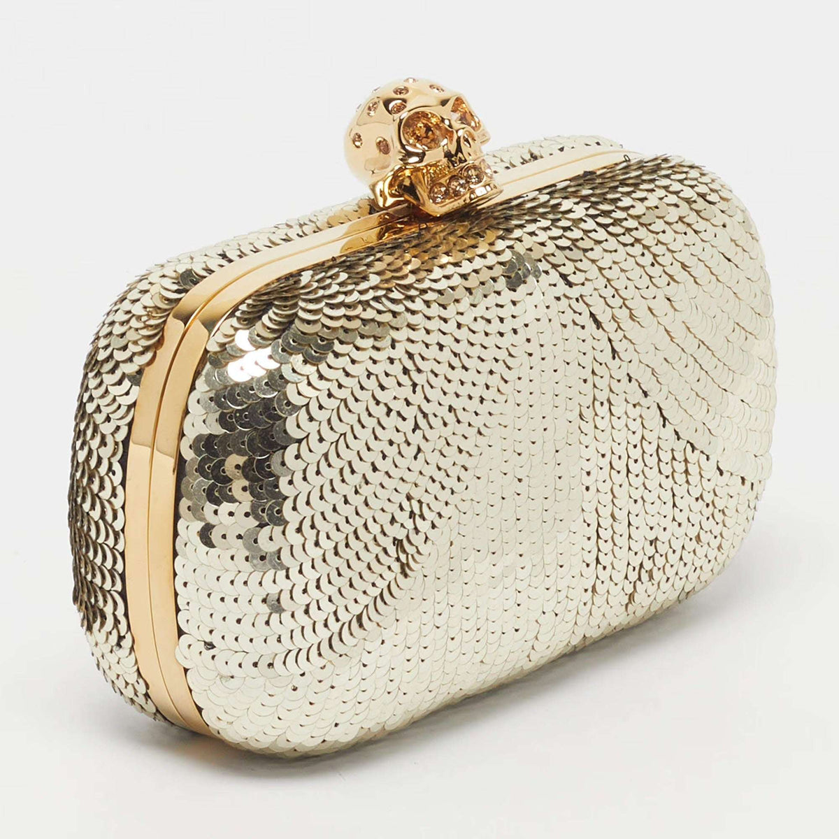 Alexander McQueen Skull Crystal Gold Sequin Box Clutch