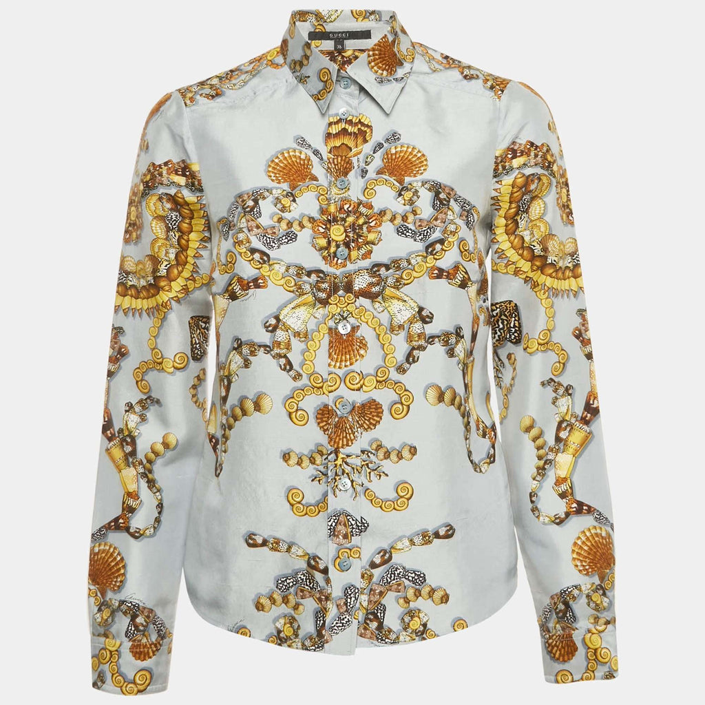Gucci Blue Shell Print Silk Button Front Shirt S