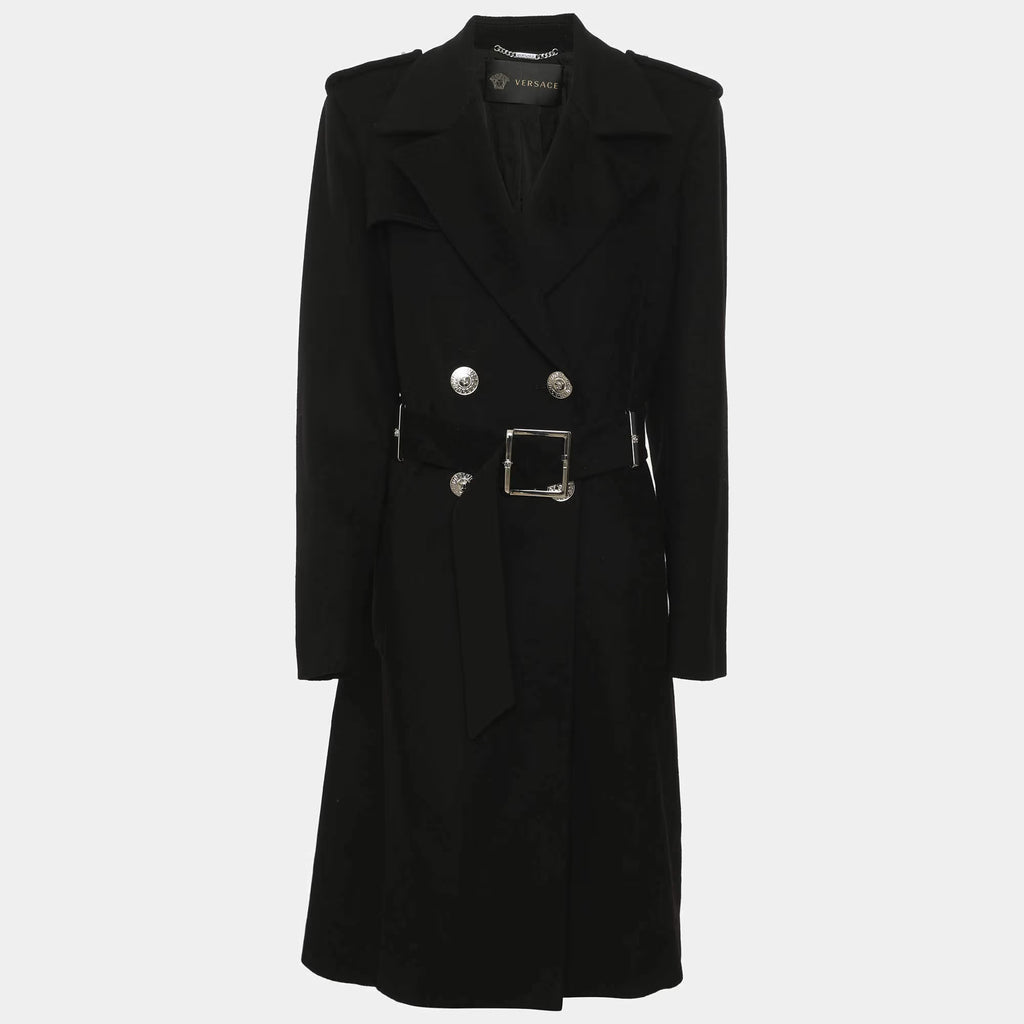 Versace Black Wool Blend Double Breasted Belted Overcoat L