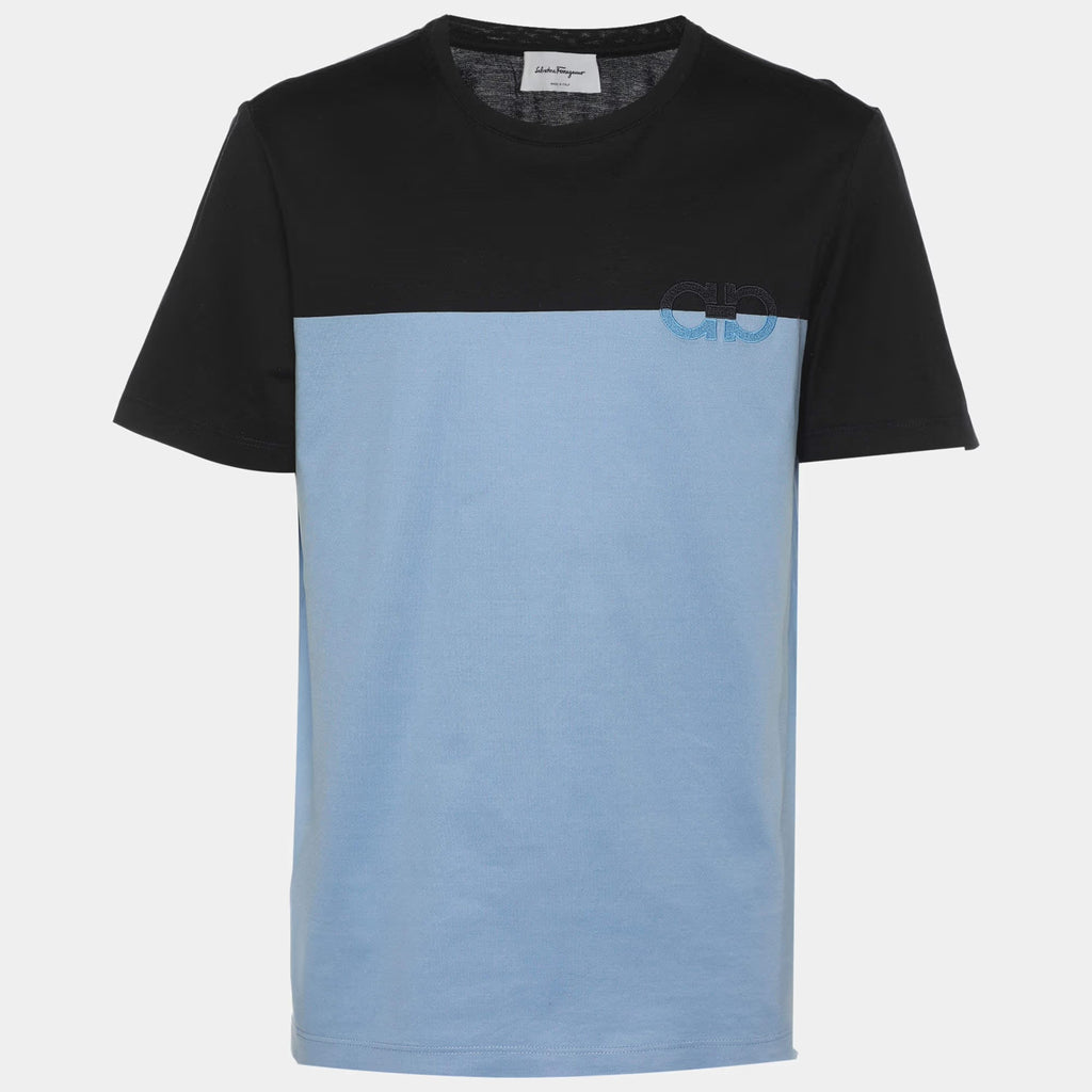 Salvatore Ferragamo Black/Blue Logo Embroidered T-Shirt L