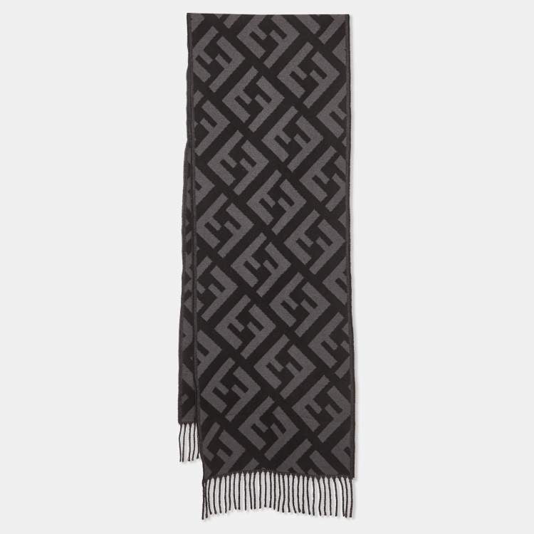 Fendi Grey/Black Zucca Patterned Wool Blend Fringed Scarf
