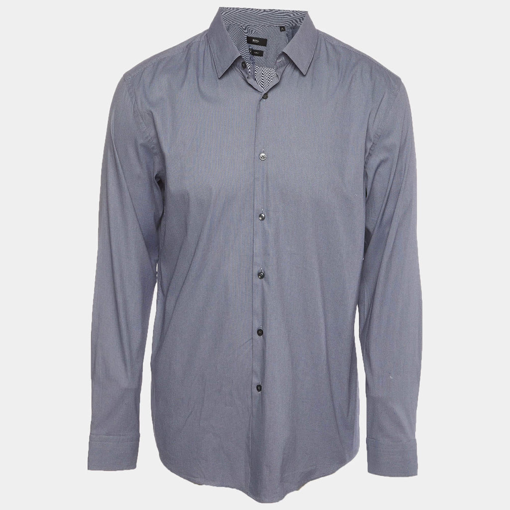 Boss By Hugo Boss Blue Textured Cotton Blend Slim Fit Isko Shirt XS