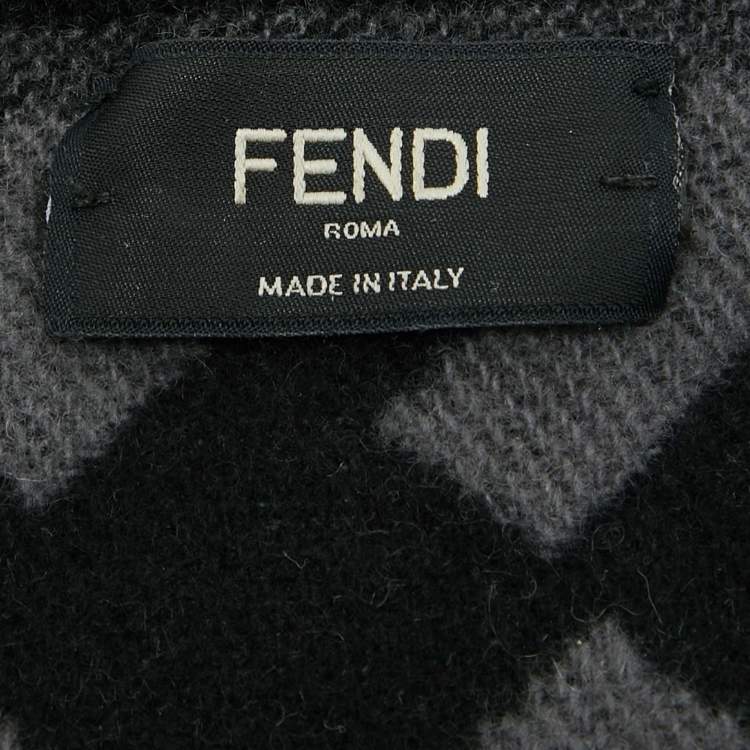 Fendi Grey/Black Zucca Patterned Wool Blend Fringed Scarf