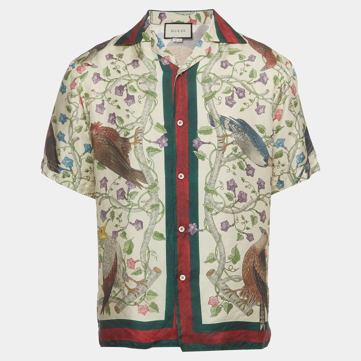 Gucci Cream Birds of Prey Print Silk Bowling Shirt S