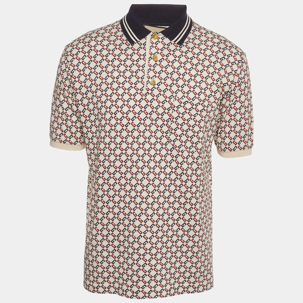 Gucci Cream Geometric G Cotton Polo T-Shirt S